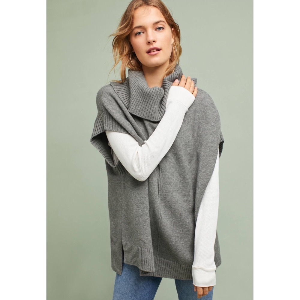 Anthropologie Moth Poncho Sweater Large Cowl Neck Grey Oversized Cozy Knit Boho